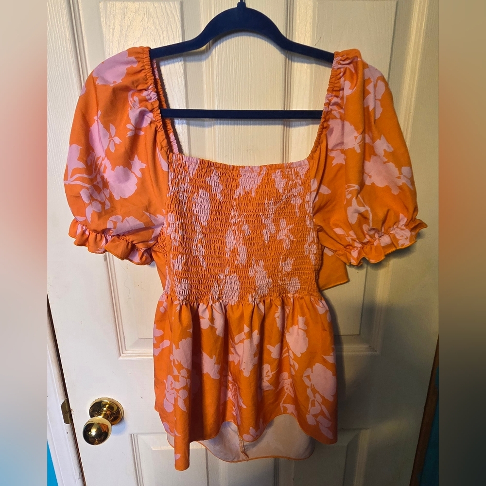SHEIN Orange and Pink Floral Smocked Blouse